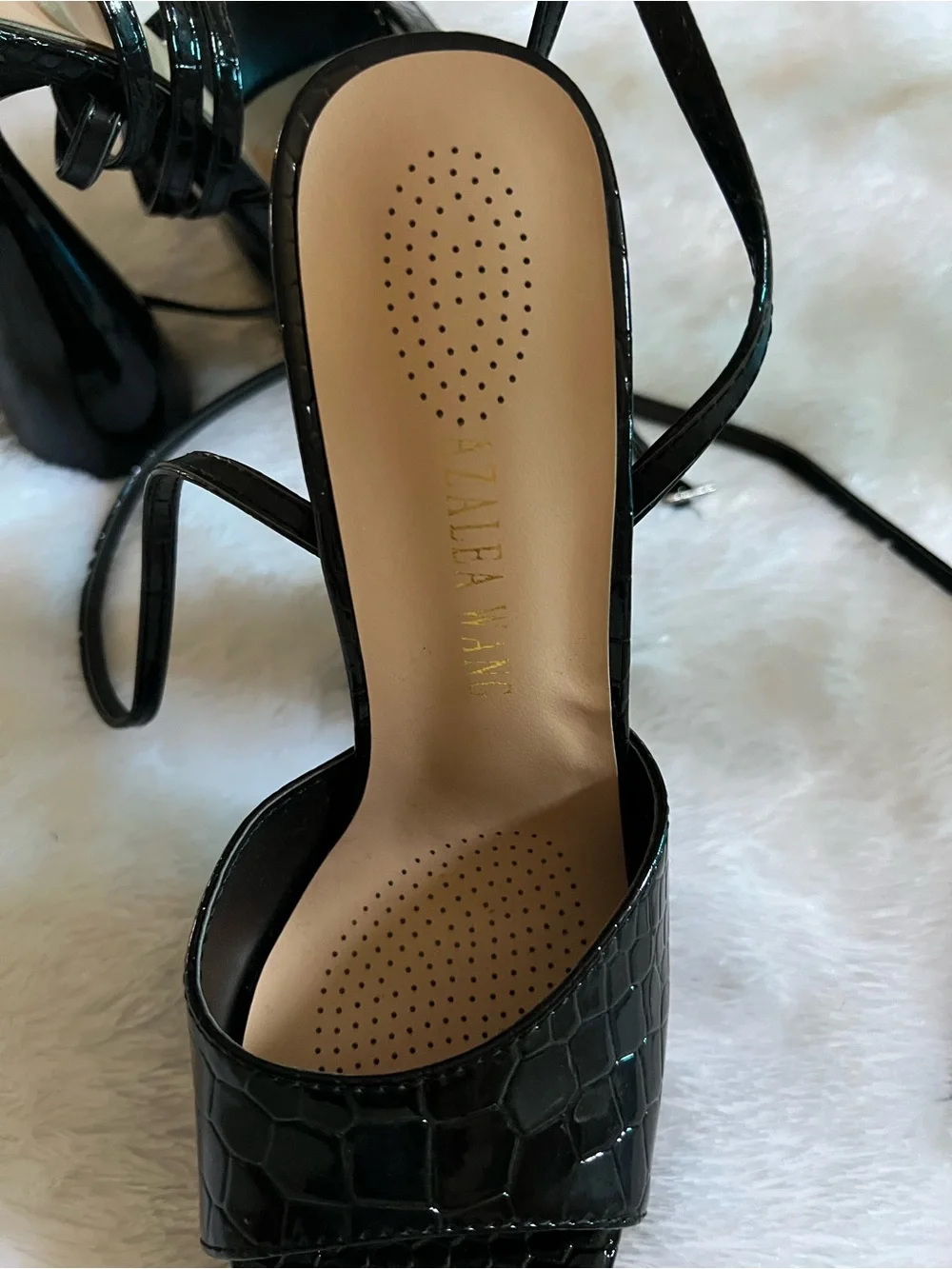 Patent Black Croc-Embossed Platform Heels with Sculpted Flared Heel
